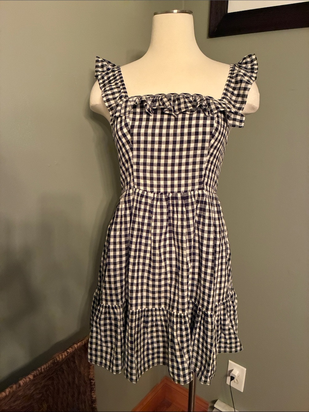 American Eagle Outfitters Black  and White Gingham Ruffle Strap Sundress